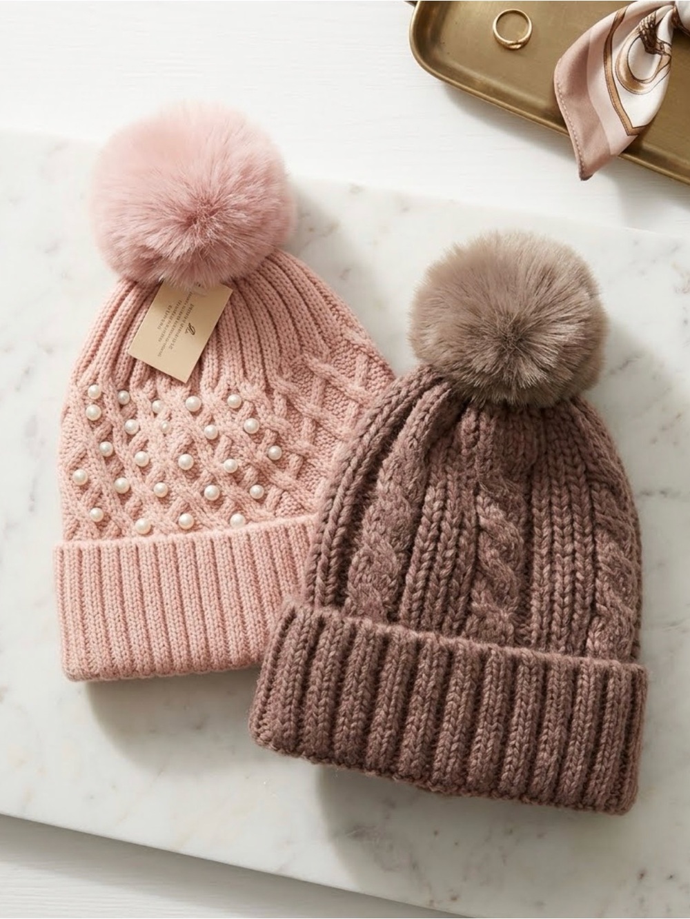 Cozy Cable Knit Pom Beanie - Pink & Mauve